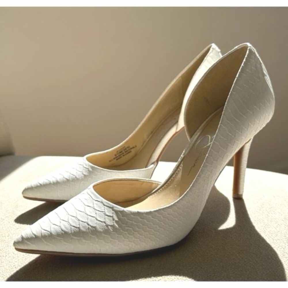 Jessica Simpson white croc snake print texture pointed toe stiletto heels